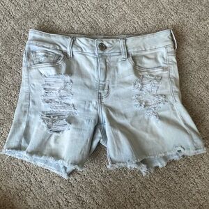 Pale Blue Distressed Denim Midi Shorts